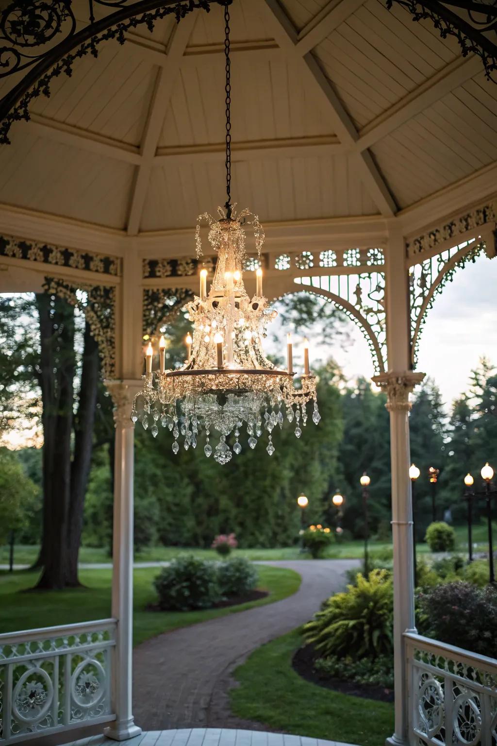 A luminary serves as an elegant focal point within a gazebo.