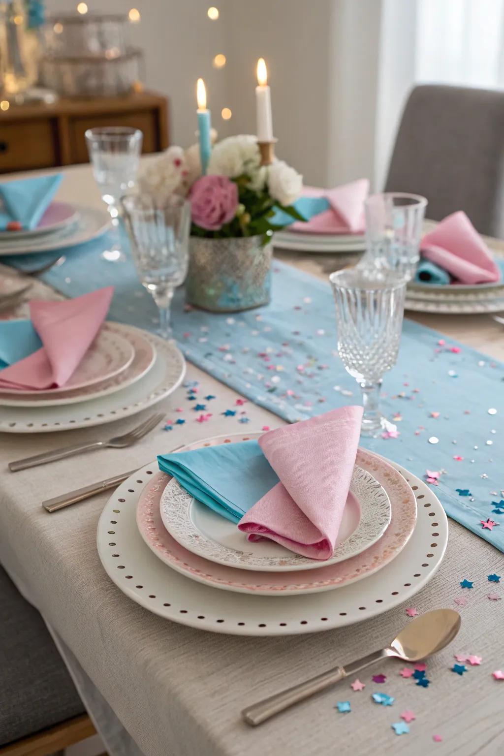 An elegant tablescape establishes the vibe for a stylish gender reveal celebration.