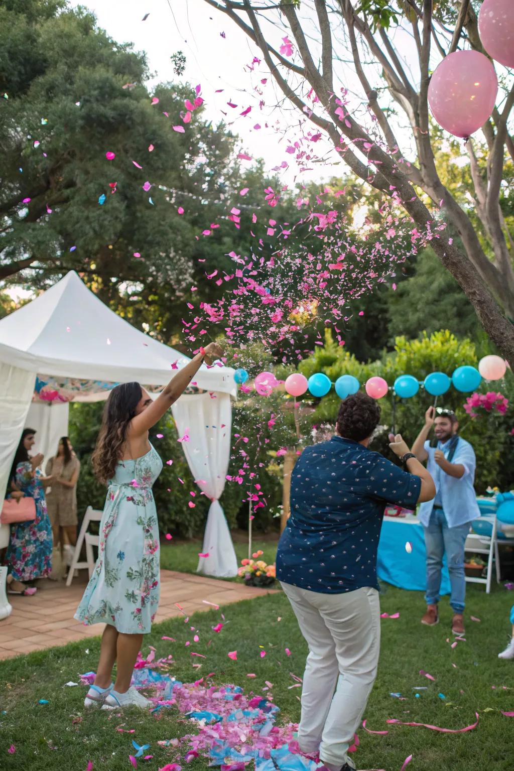 A bright confetti cannon display catches the joy of the moment.