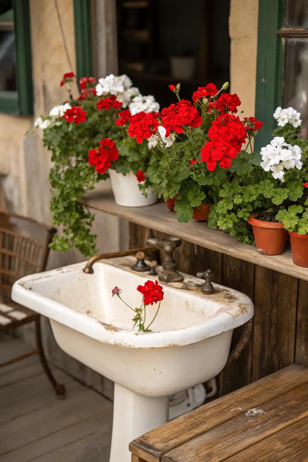 An antique porcelain basin creatively repurposed into an endearing planter for sunbeam blooms.