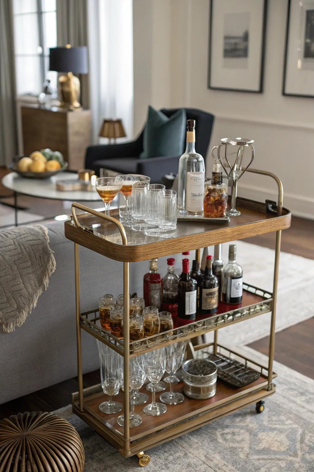 A time-honored bar trolley blends elegance with practicality.