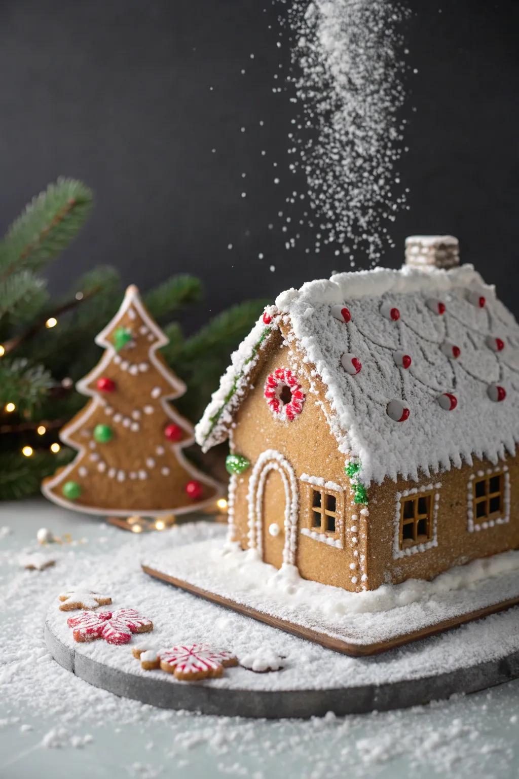 A wintry wonderland sweetbread cottage adorned with pulverized sweetness, emulating snowfall.