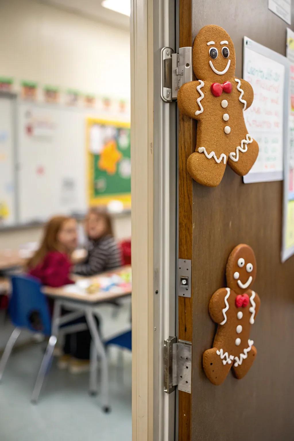 Charming gingerbread characters bring life to the door.
