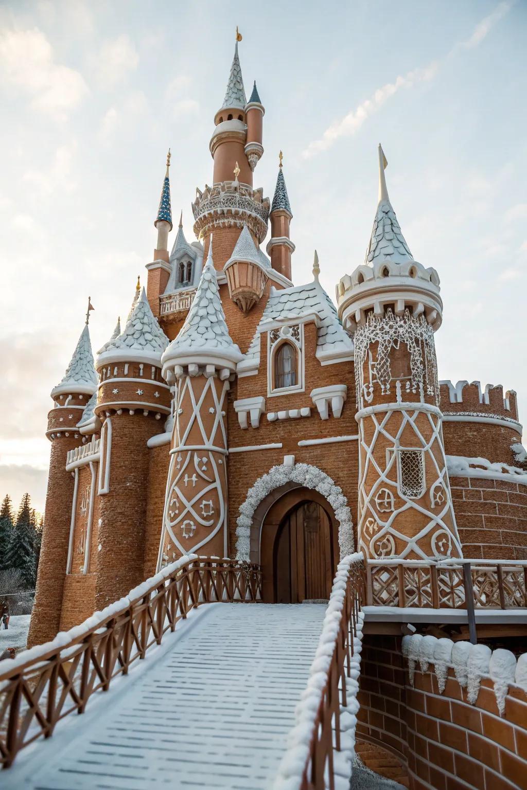 A majestic gingerbread castle worthy of a fairy tale.