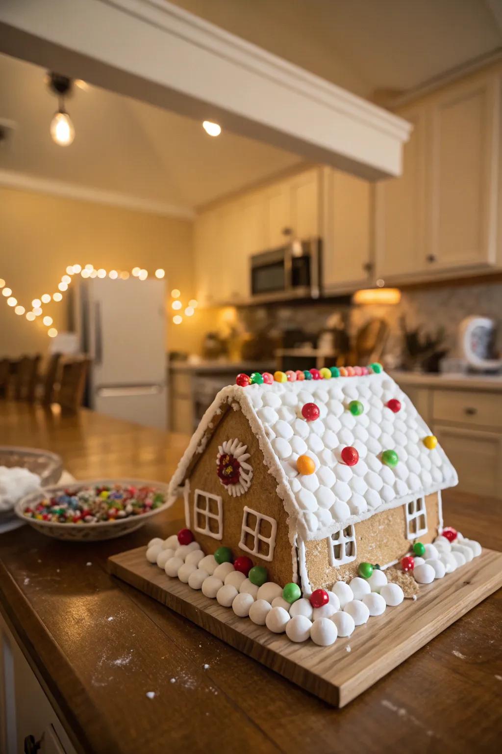 A snowy gingerbread rooftop blanketed in sweet treats.