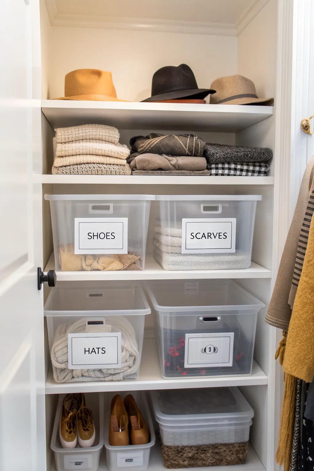 See-through boxes keep everything in sight and neatly arranged.
