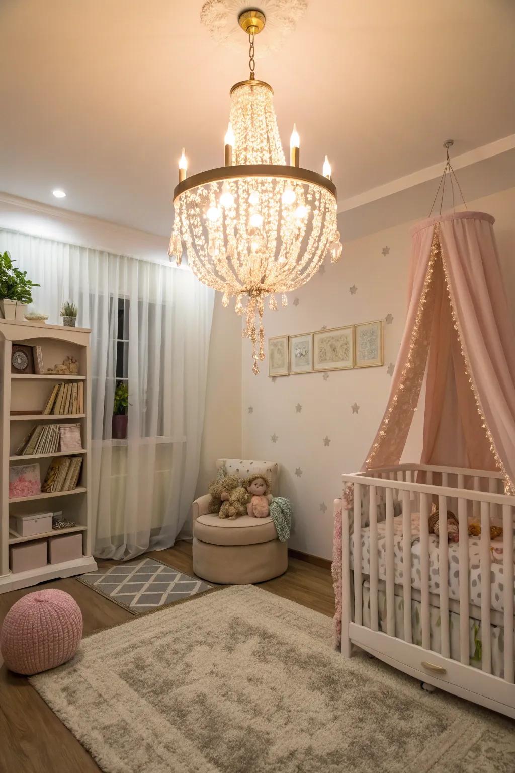 A hanging light fixture brings elegance and a cozy feel to the nursery.