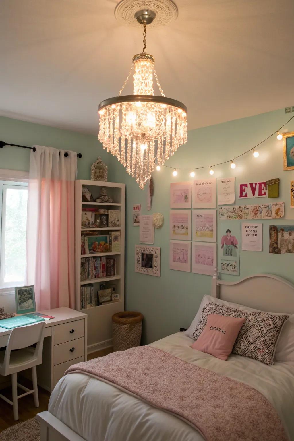 A chandelier brings an elegant touch to the bedroom.