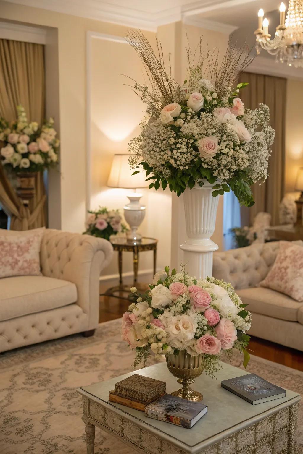 A living area featuring plentiful bloom arrangements for a feminine atmosphere.