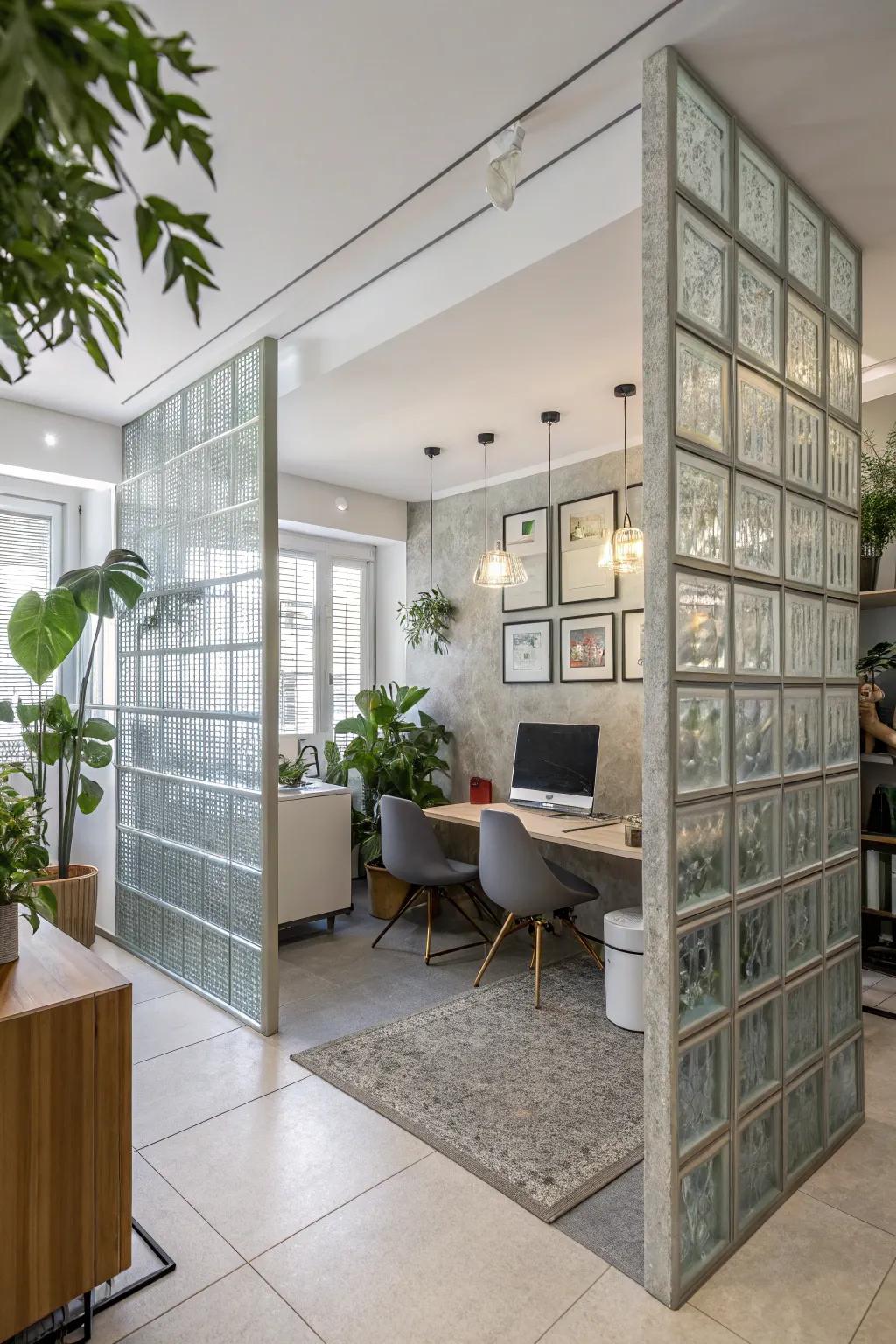 A modern home office featuring glass block wall partitions, combining style and function.