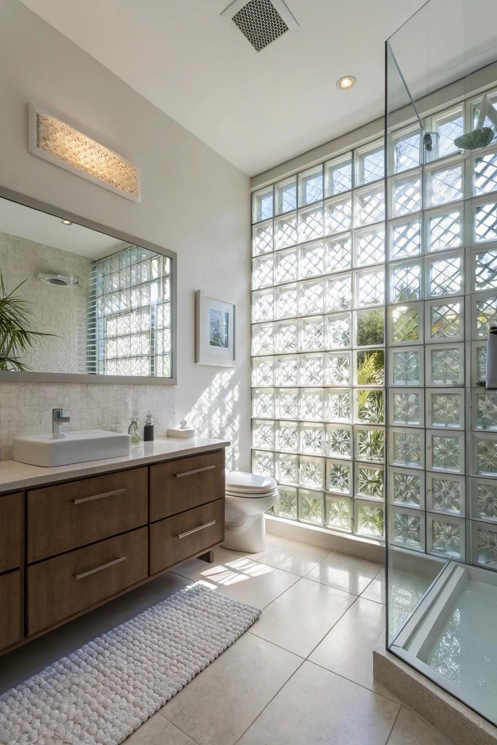 A washroom transformed by a glass tile pane, promoting both privacy and ample light.