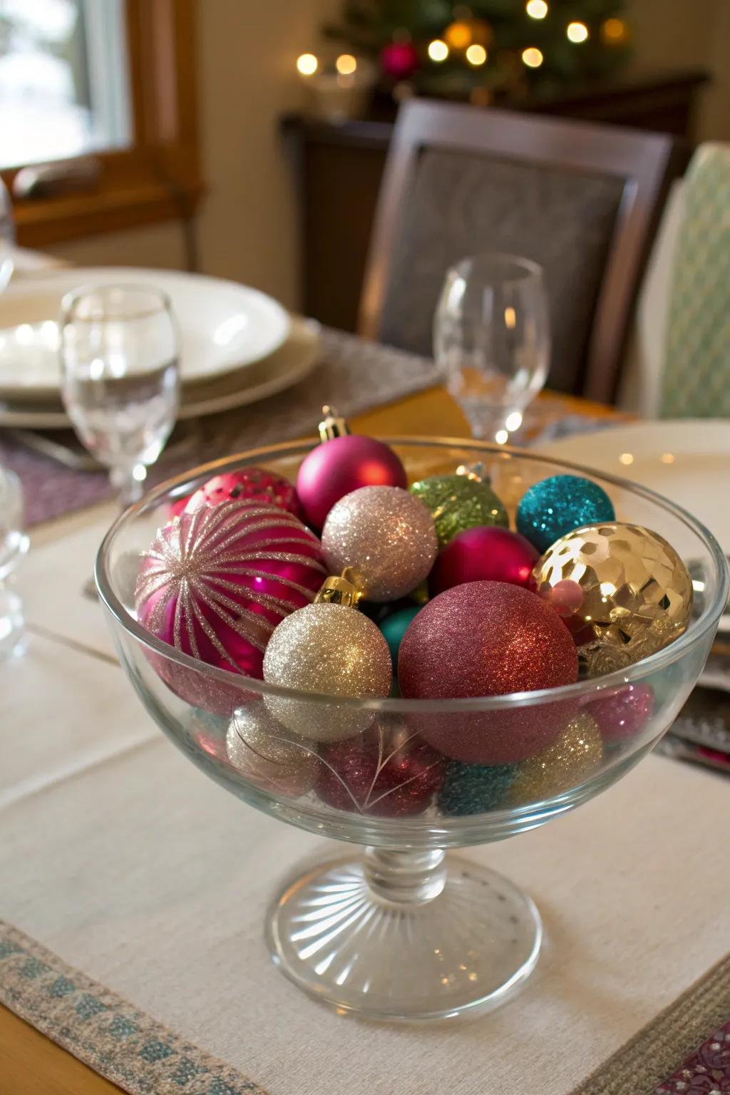 A vibrant display of Christmas ornaments in a glass bowl.