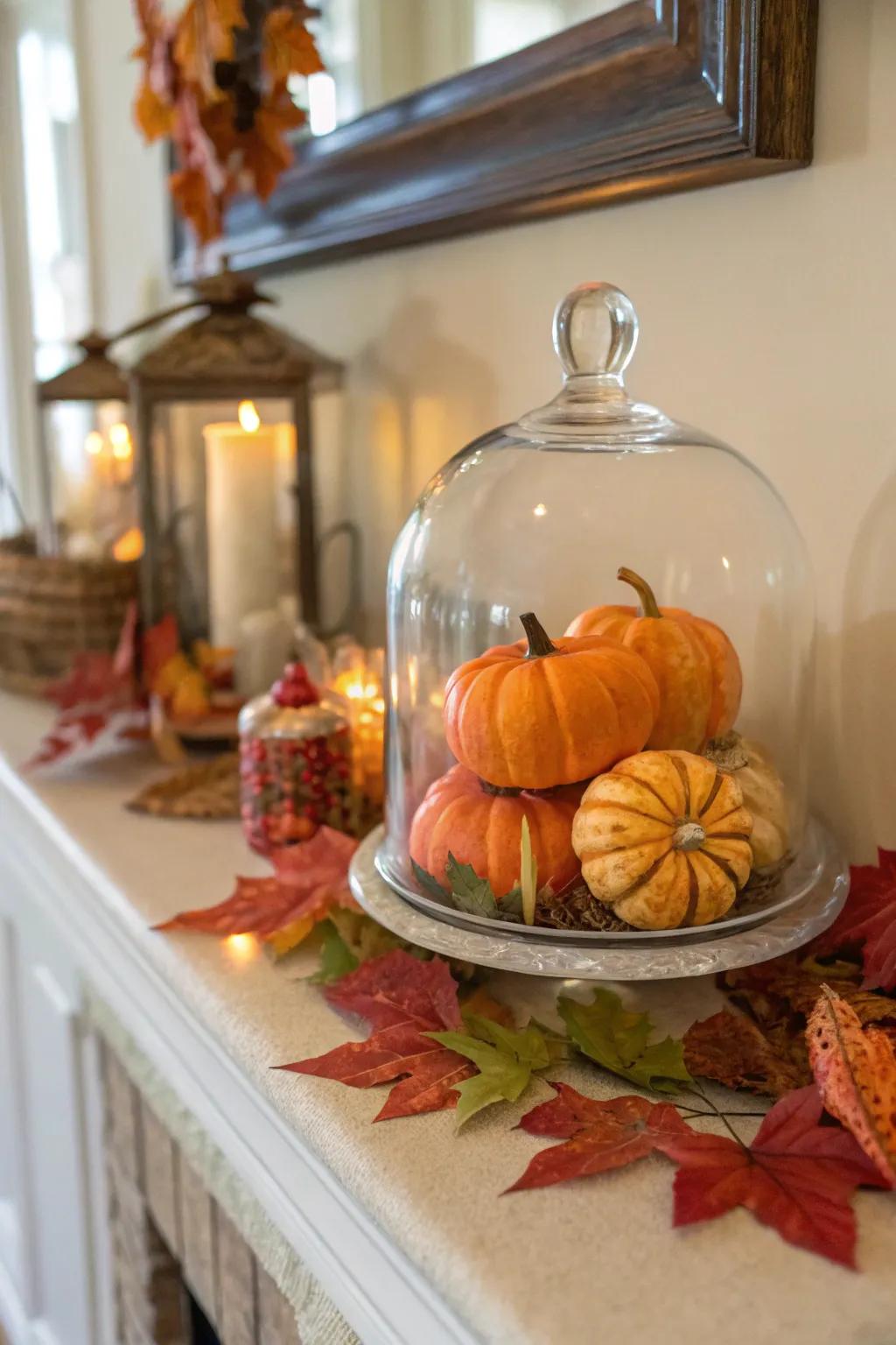 Festive decorations like gourds plus foliage inject autumnal charm within a glass protector.
