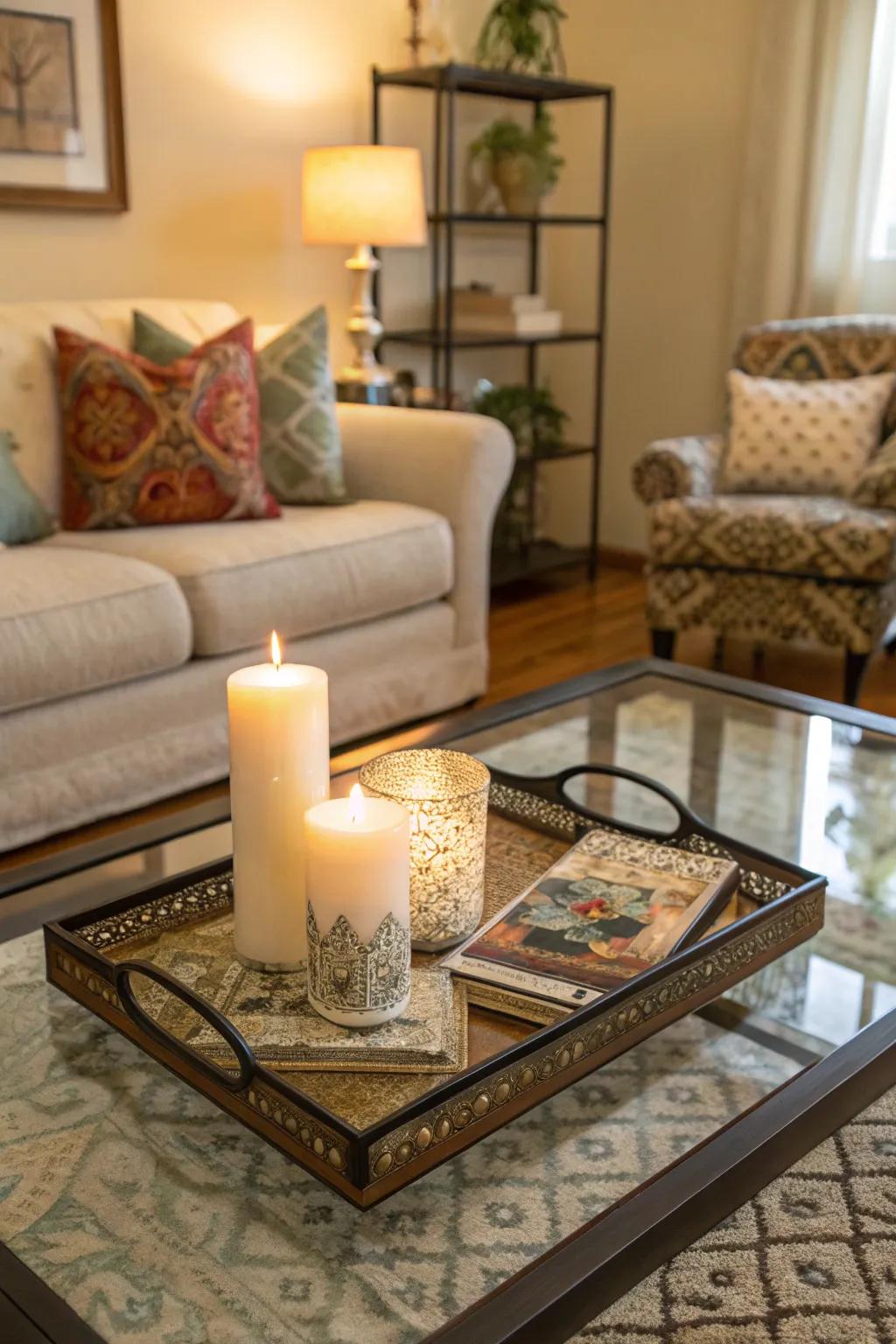 With a tray, a glass coffee table gains elegance and organization.