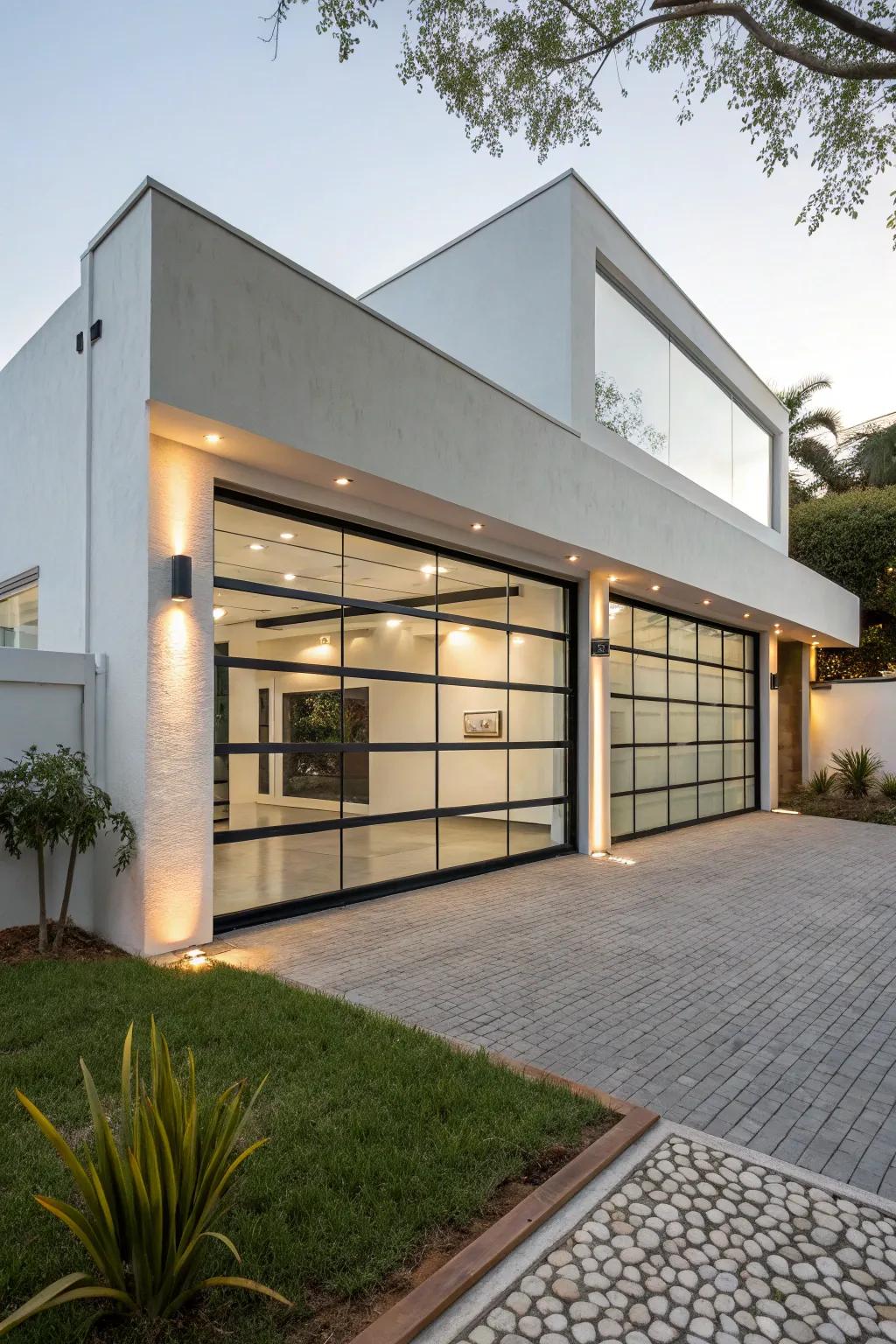 A modern home facade featuring a stylish glass overhead door.