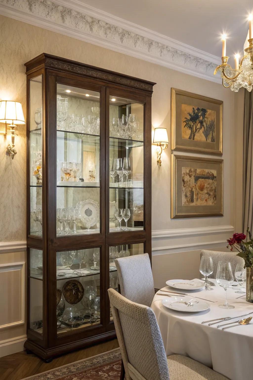 An elegant glass-front cabinet presenting beautiful glassware.