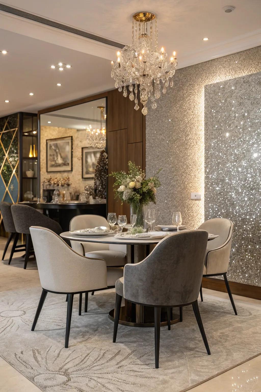A shimmering feature wall adds flair to a dining space.