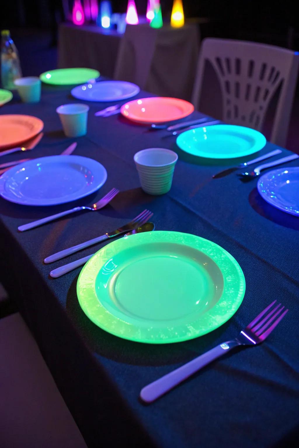 Amp up the fun with glow-in-the-dark table settings.