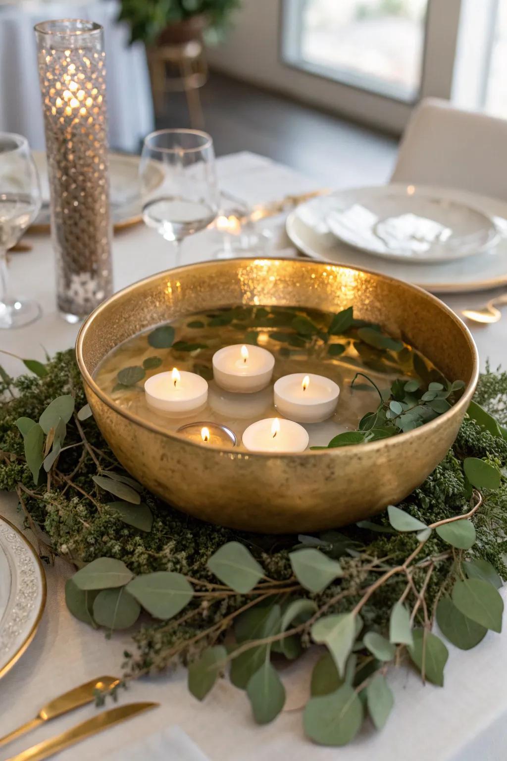 Cultivate an affectionate ambiance featuring a gold bowl and drifting candles.