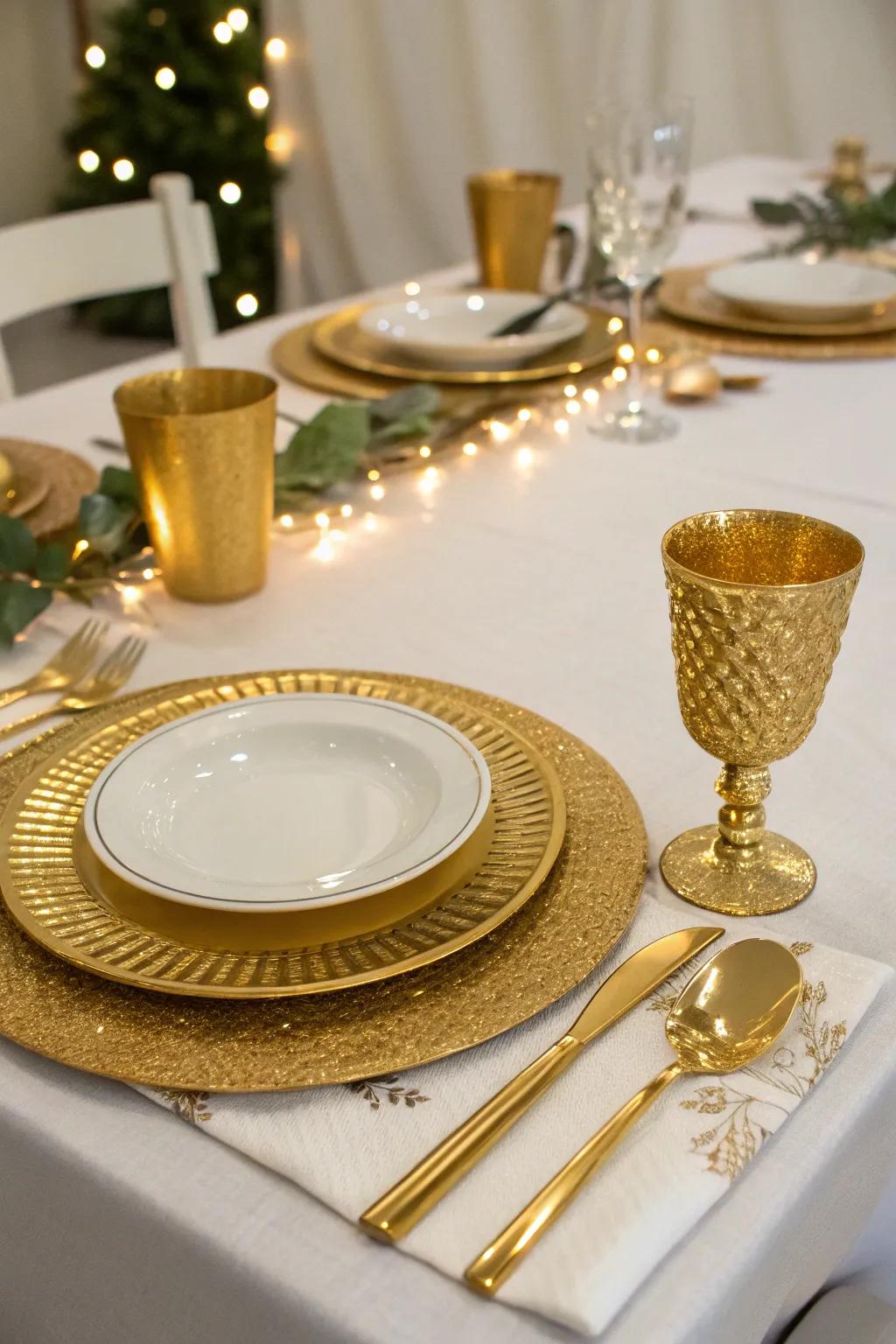 Golden serving pieces bring a luxurious touch to any dining setup.