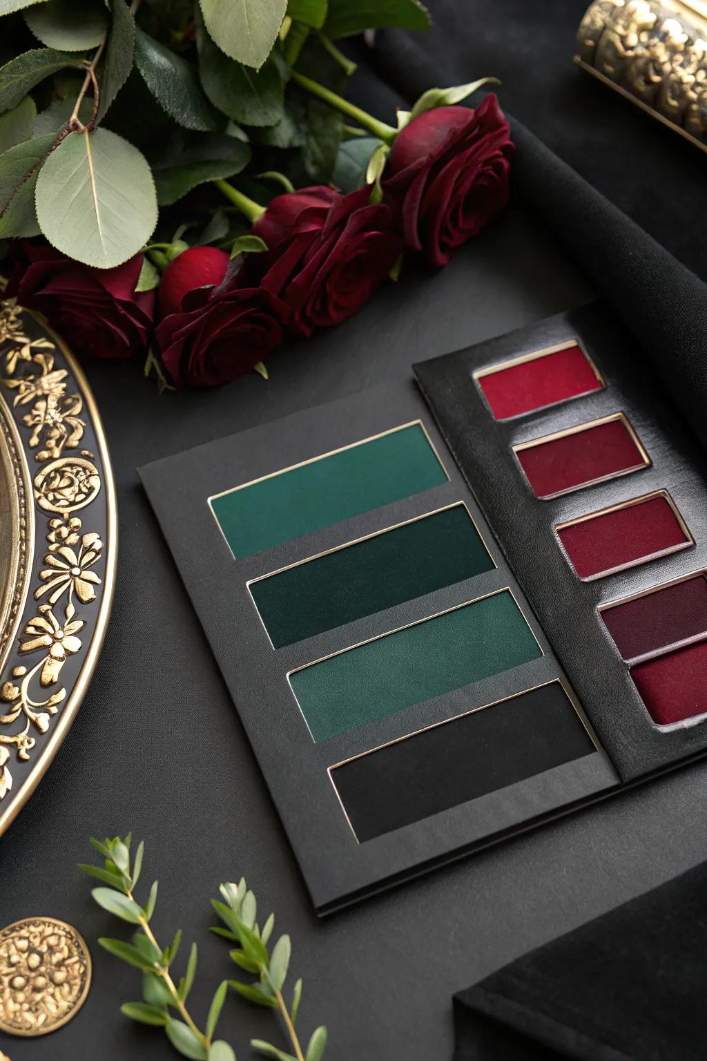 A gothic wedding color palette featuring onyx, sapphire, and crimson tones.