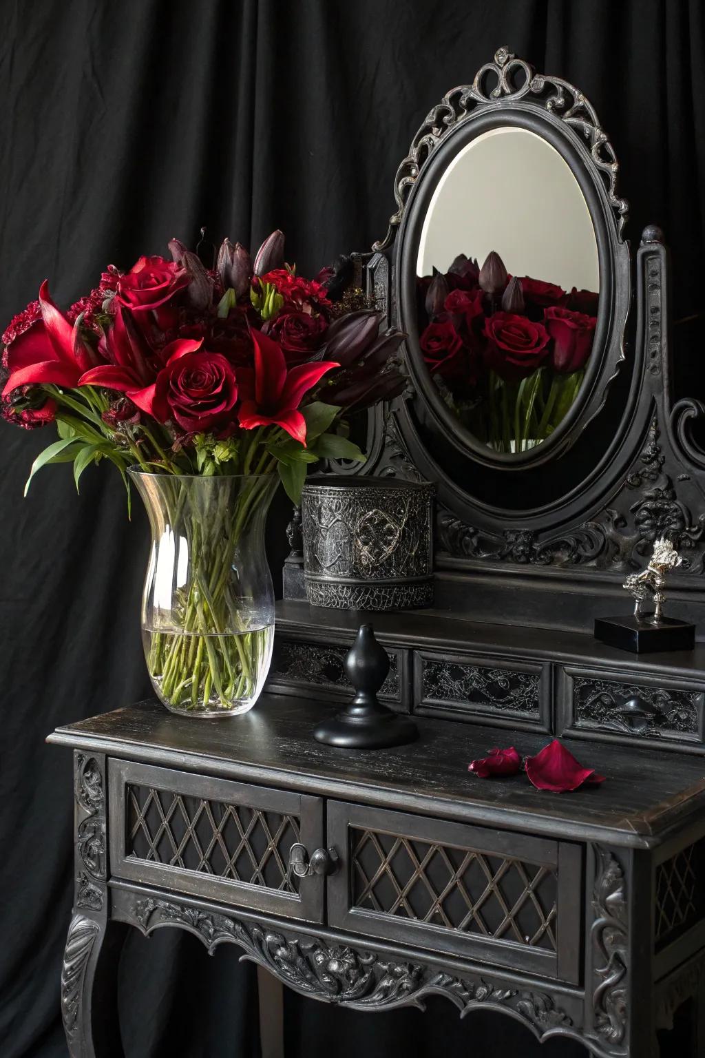 Shadowy florals introduce a natural drama to your shadowy dressing table.