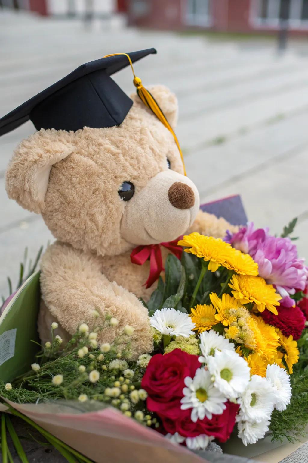 A whimsical arrangement showcasing a stuffed teddy bear for graduation.