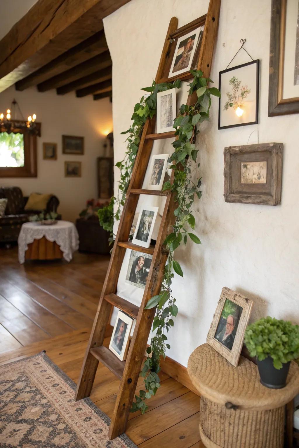 A country-style ladder display injects height and charm into your graduation photo exhibit.