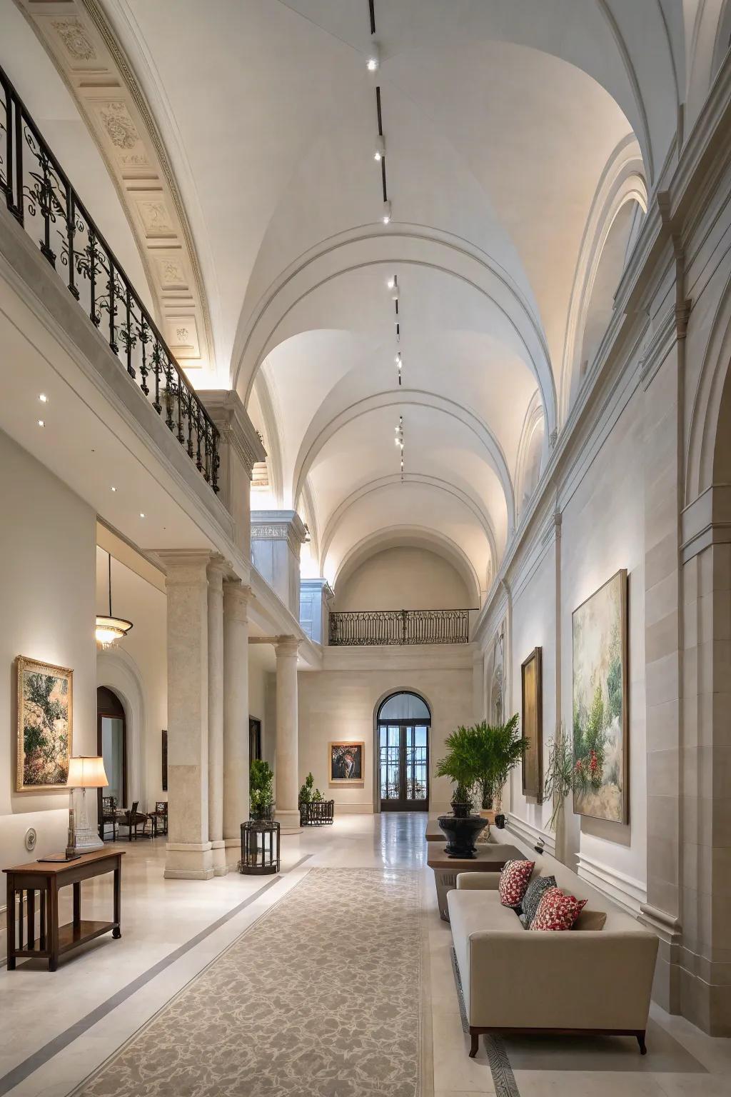 An open and bright grand entrance hall with soaring ceilings for a spacious atmosphere.