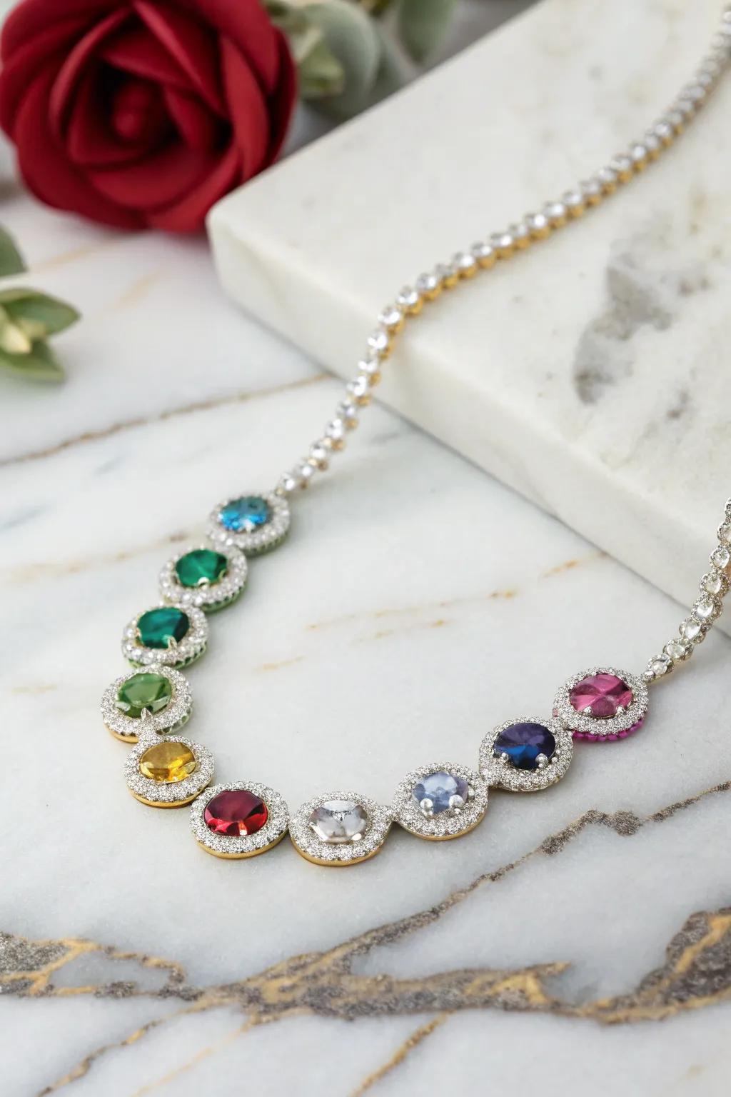 A lively necklace decorated with gemstones, each symbolizing a grandchild.