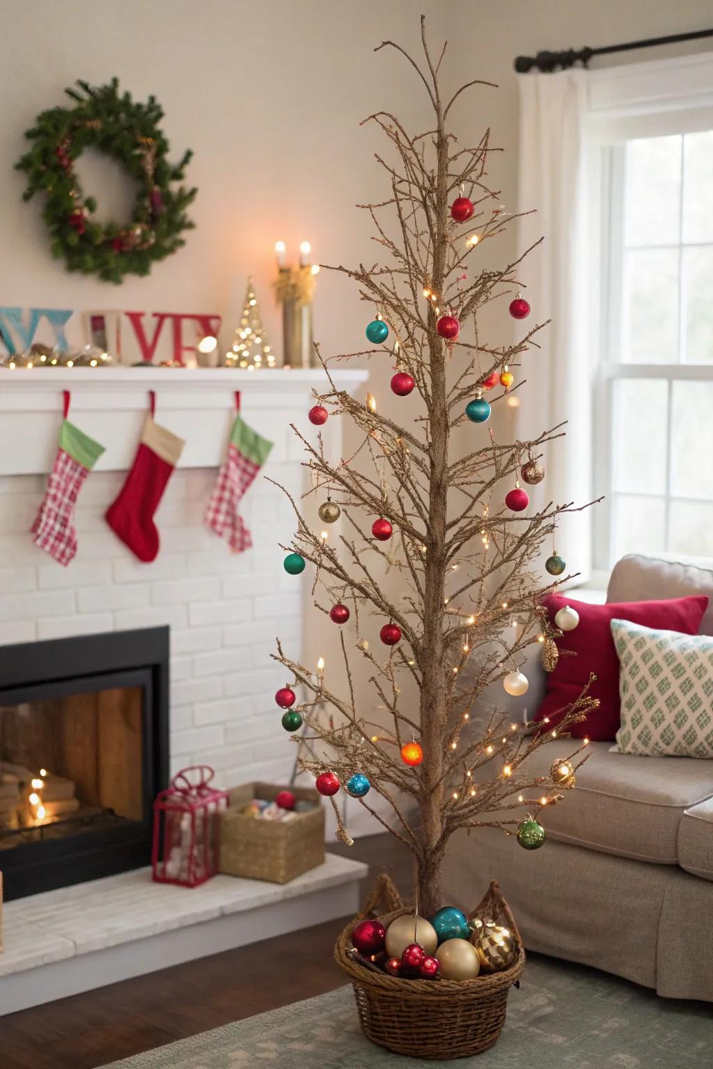 A grapevine tree adorned with festive ornaments, perfect for holiday celebrations.