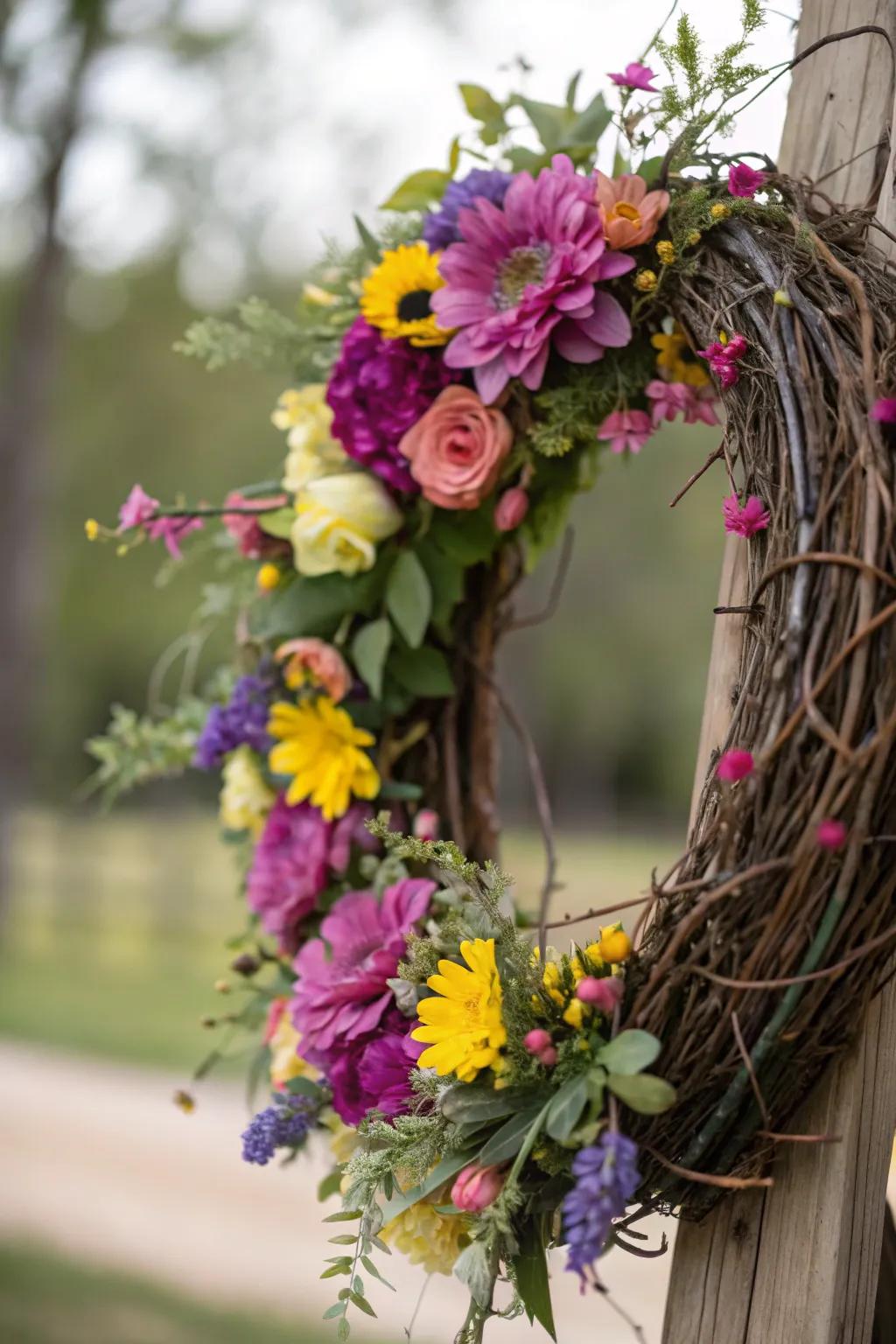 A lively floral grapevine wreath bursting with colorful blooms.