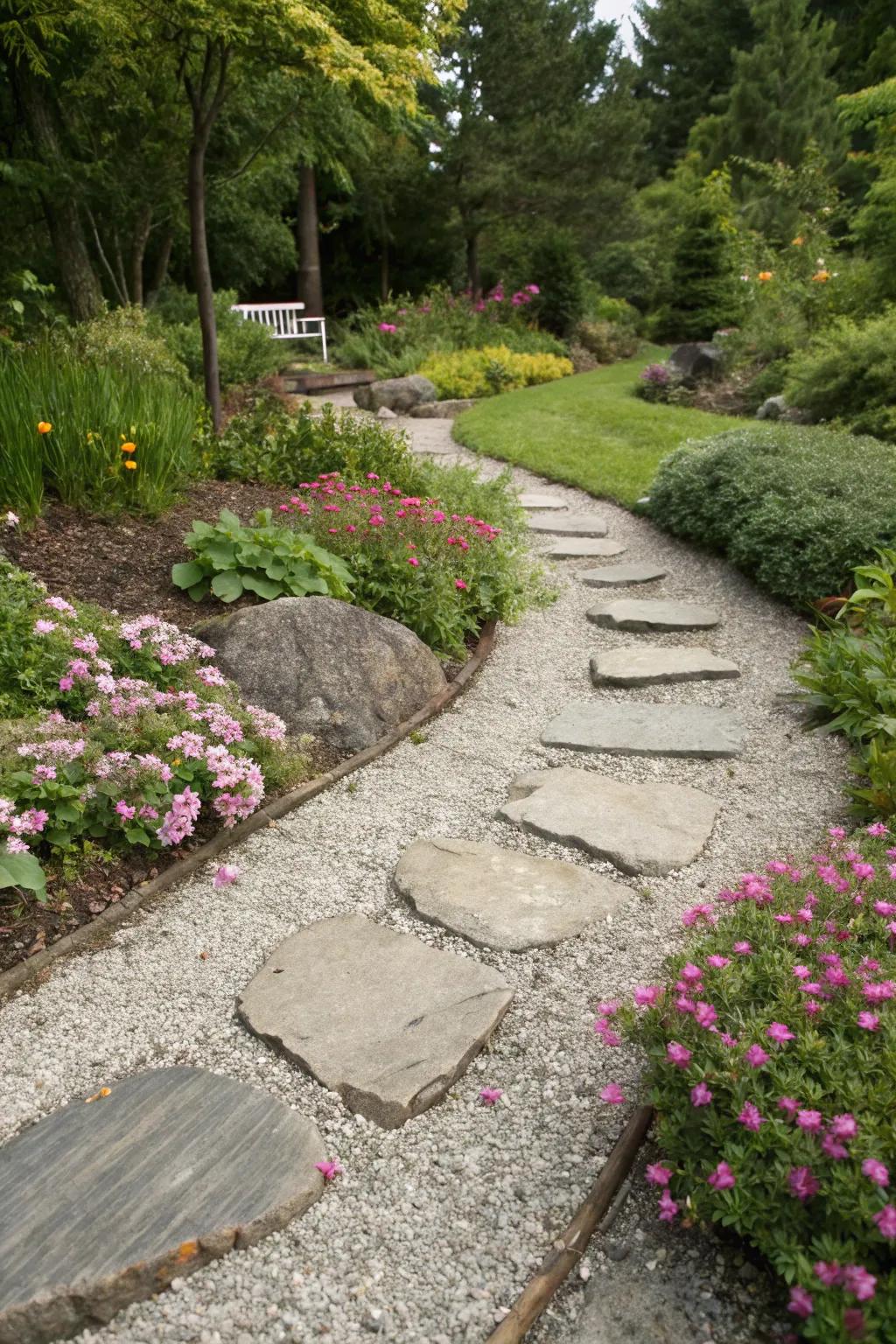 Pavers directing the way through a stone flower garden