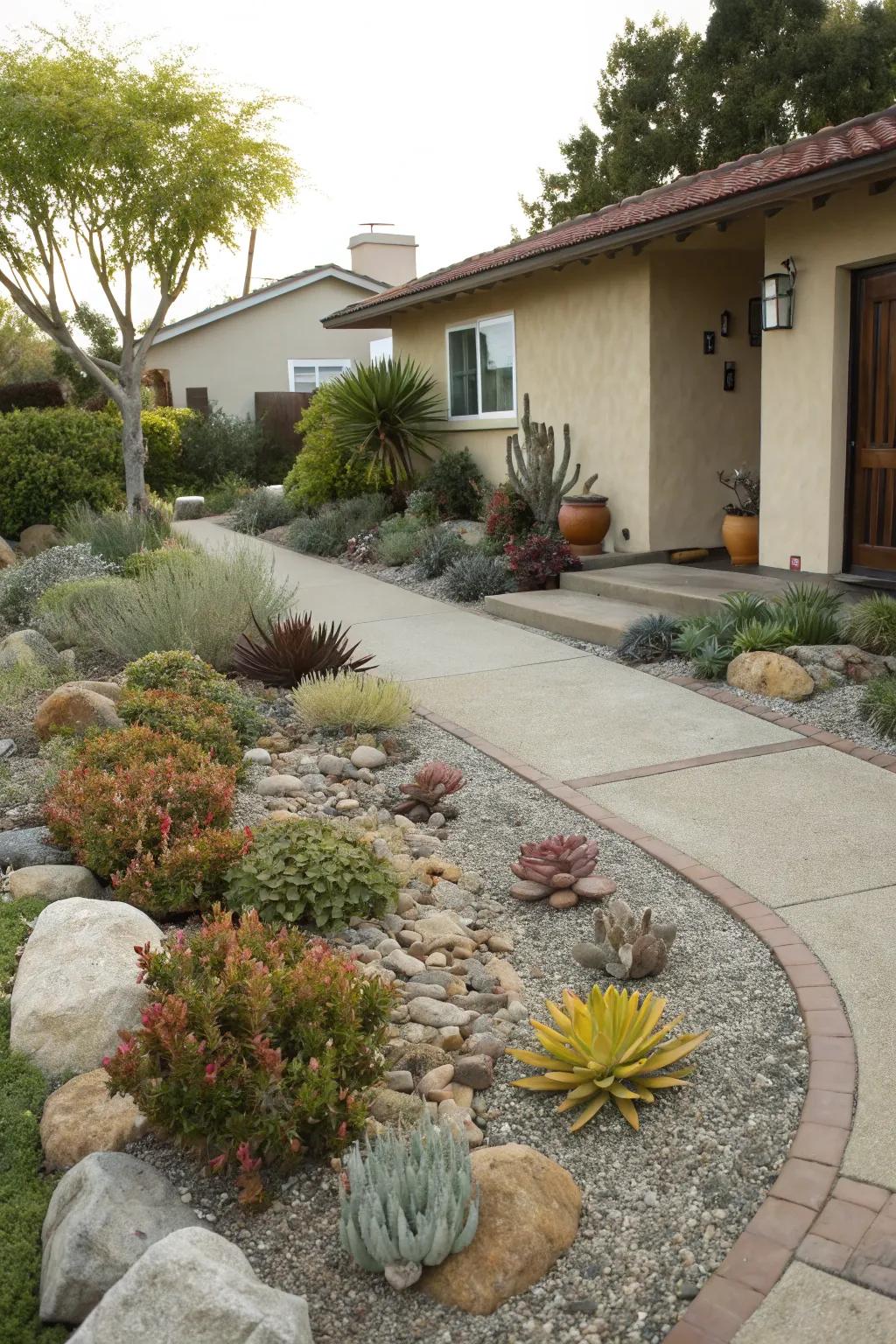Lush succulents and grasses beautifully highlight gravel areas.