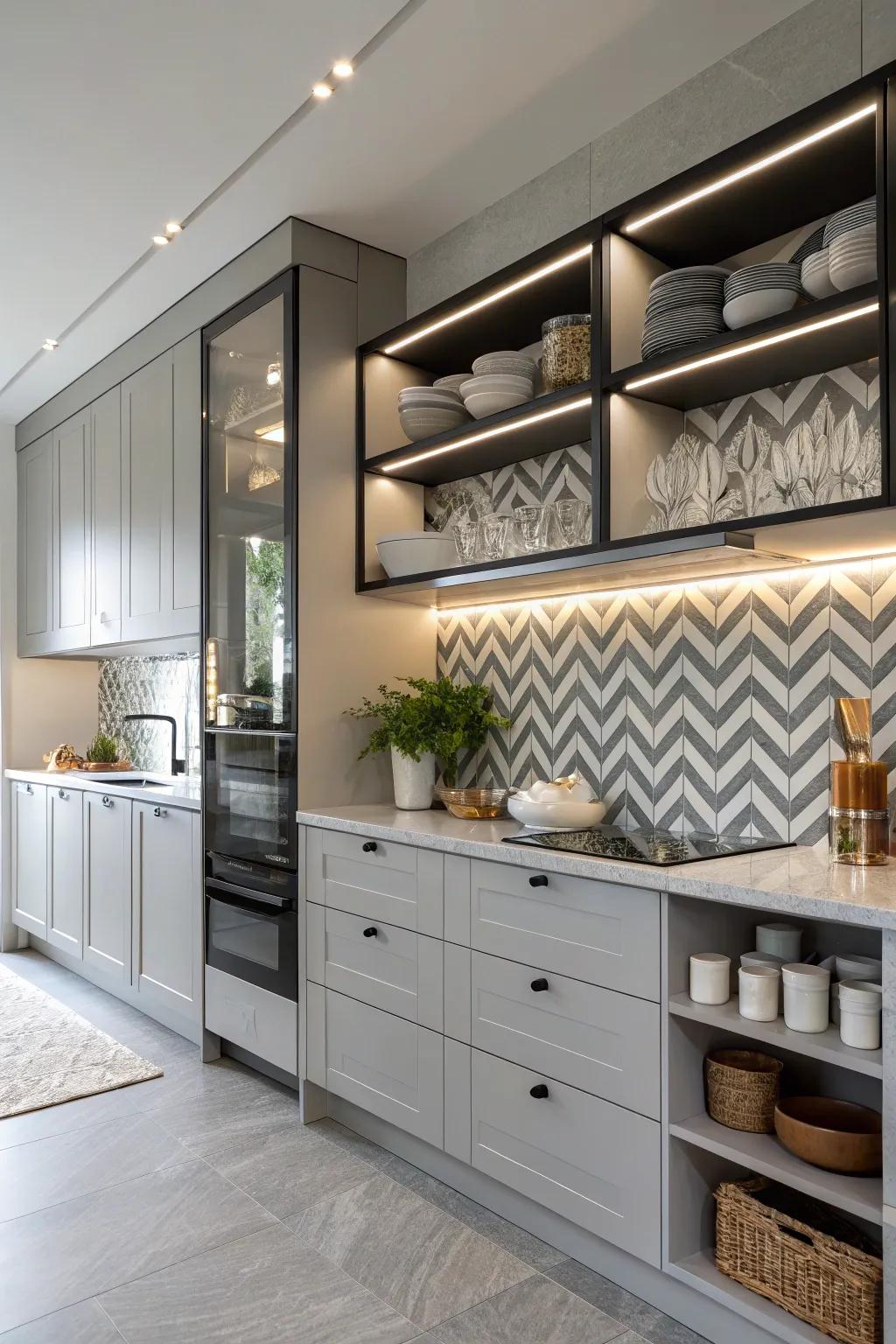 Textured splashbacks provide depth and personality.