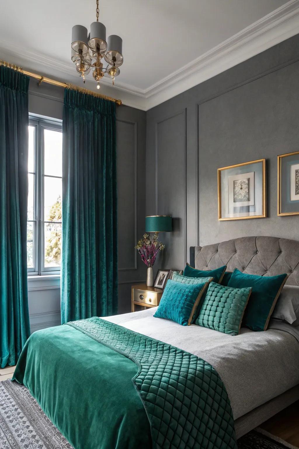 A somber gray bedroom featuring opulent gemstone tones.