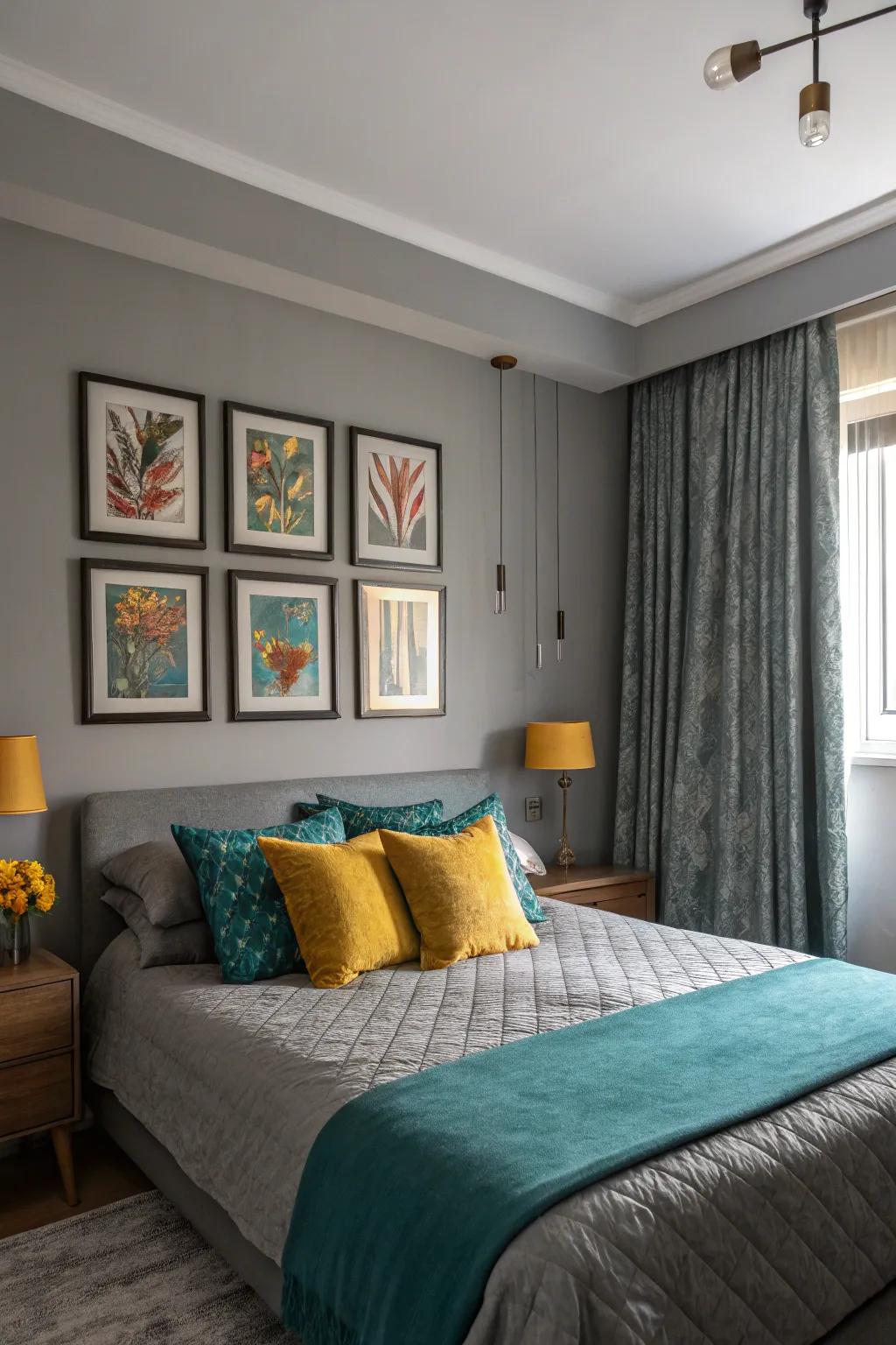 Bright accents rejuvenate a serene gray bedroom.
