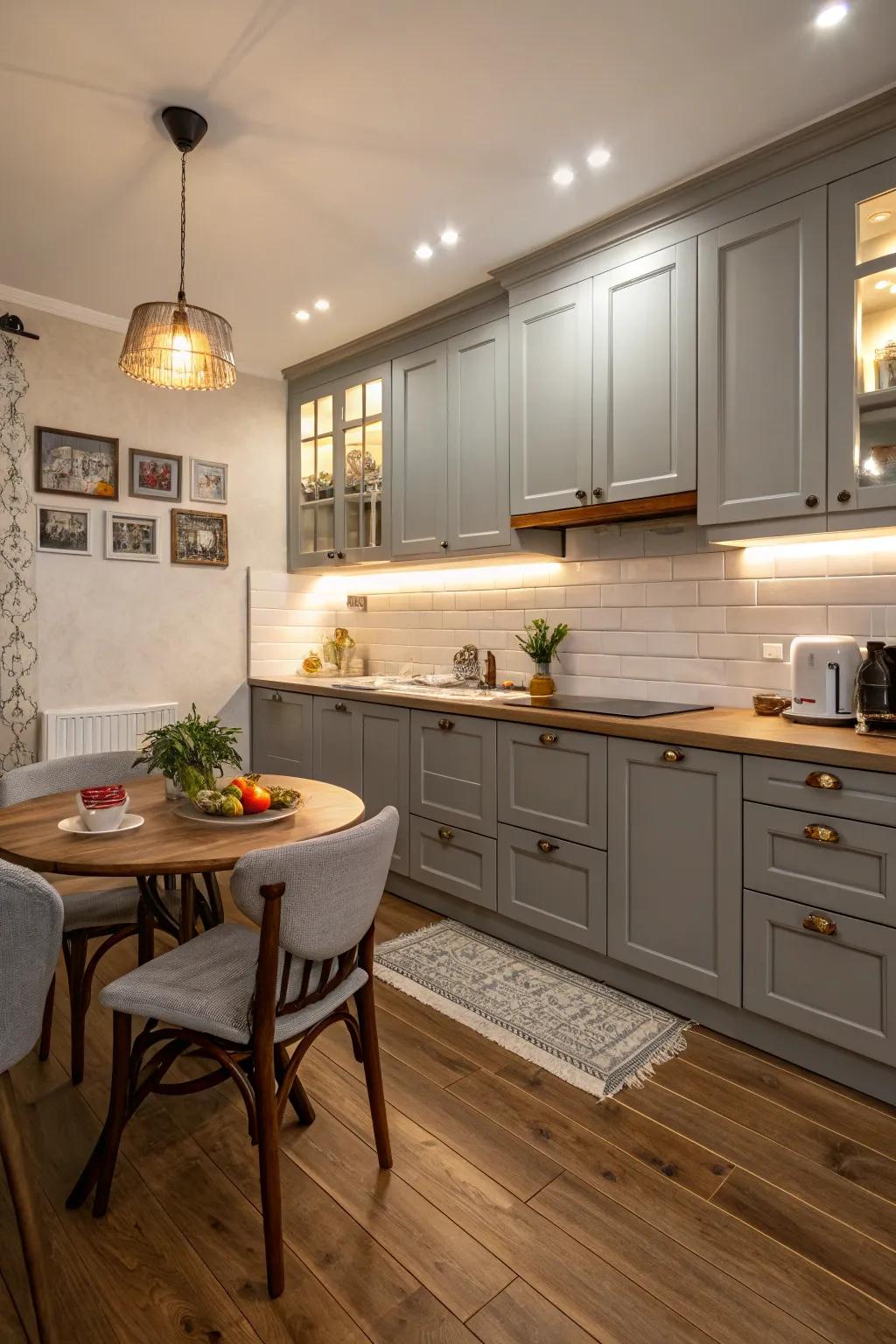The warmth of wood flooring perfectly complements gray cabinets, adding a cozy layer to the kitchen.