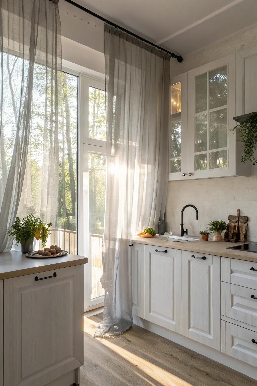 Light gray sheer drapes provide privacy while maintaining brightness.