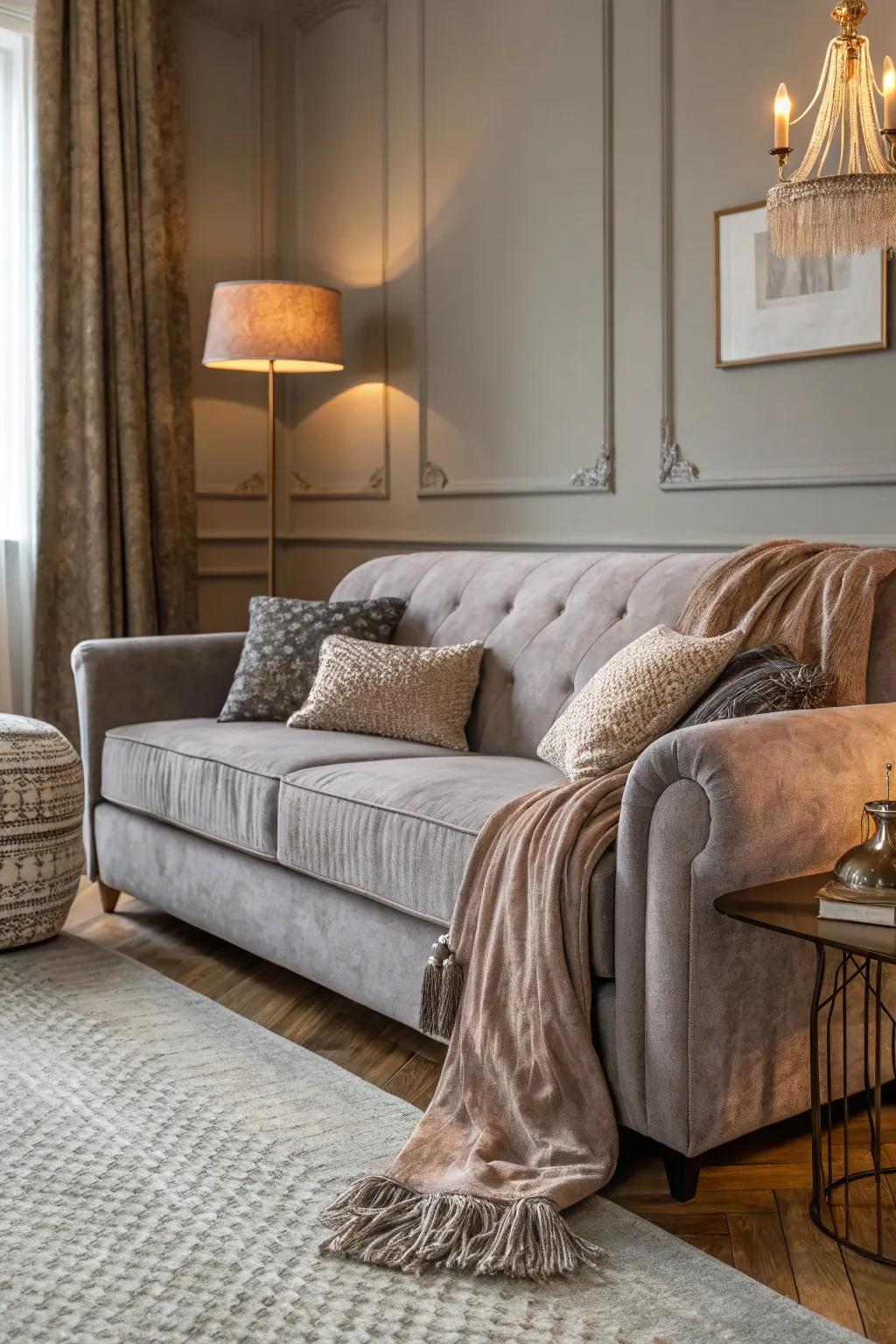 Varied textiles deepen and warm gray interiors.