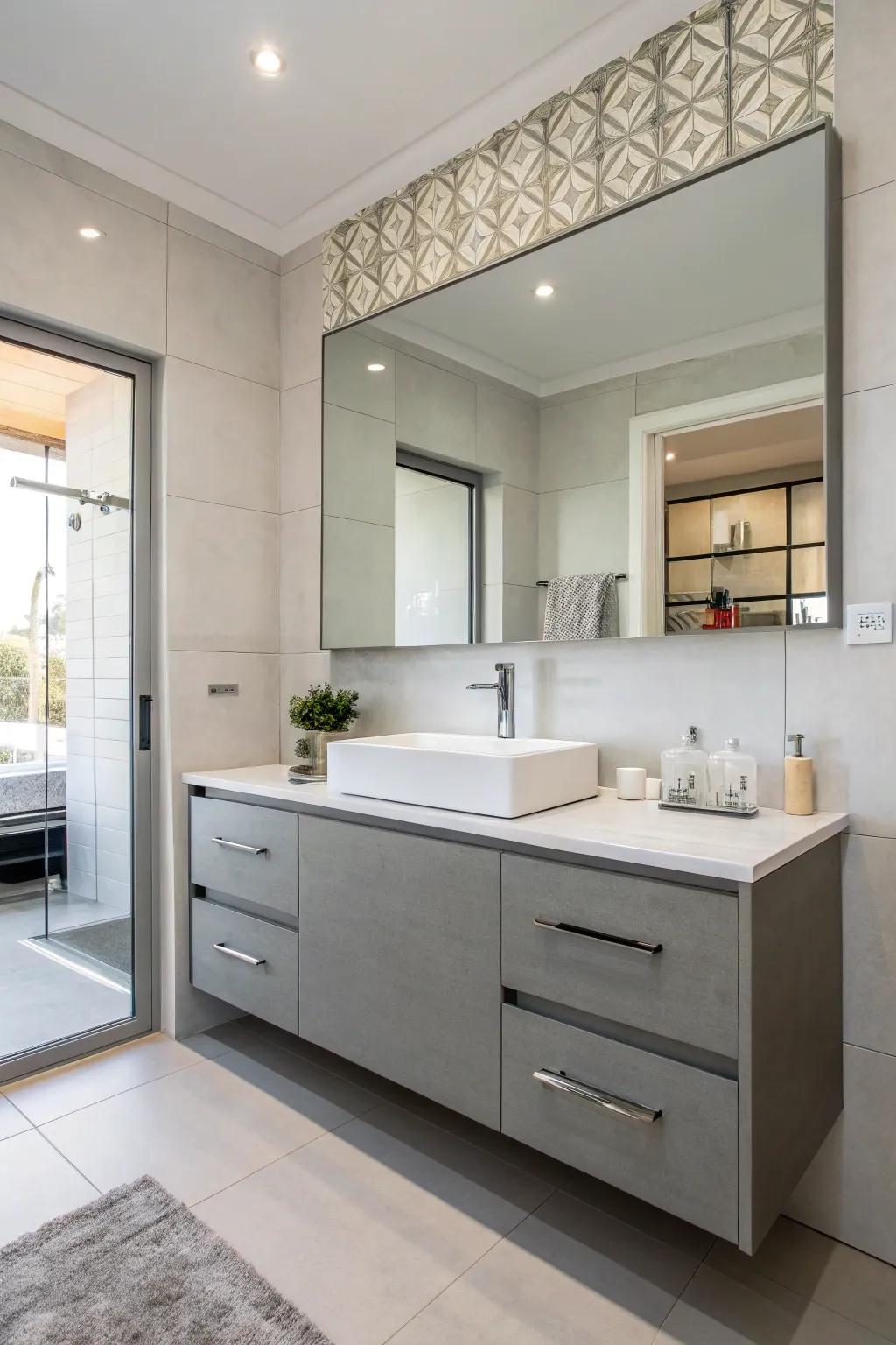 A suspended gray station elevating the contemporary aesthetic of the bathroom.