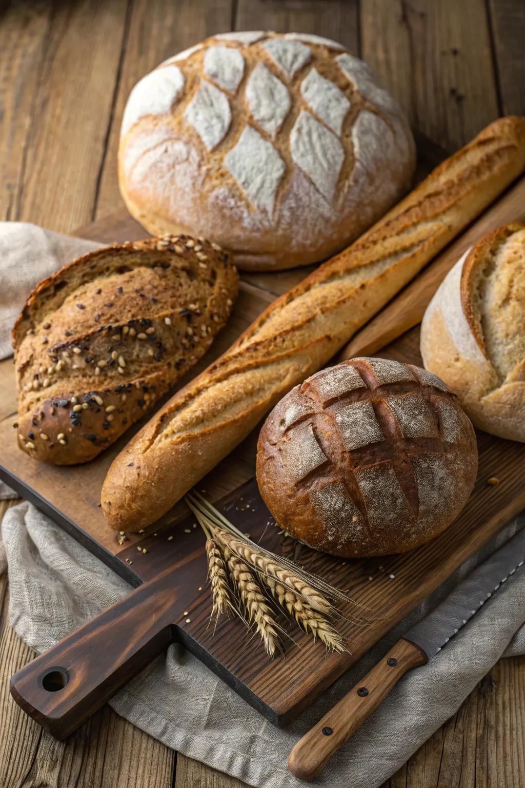 A country array of fresh breads ideal for sharing.