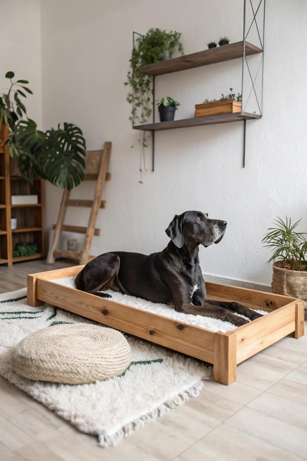 Raised wooden beds provide support and style for your Great Dane's resting area.