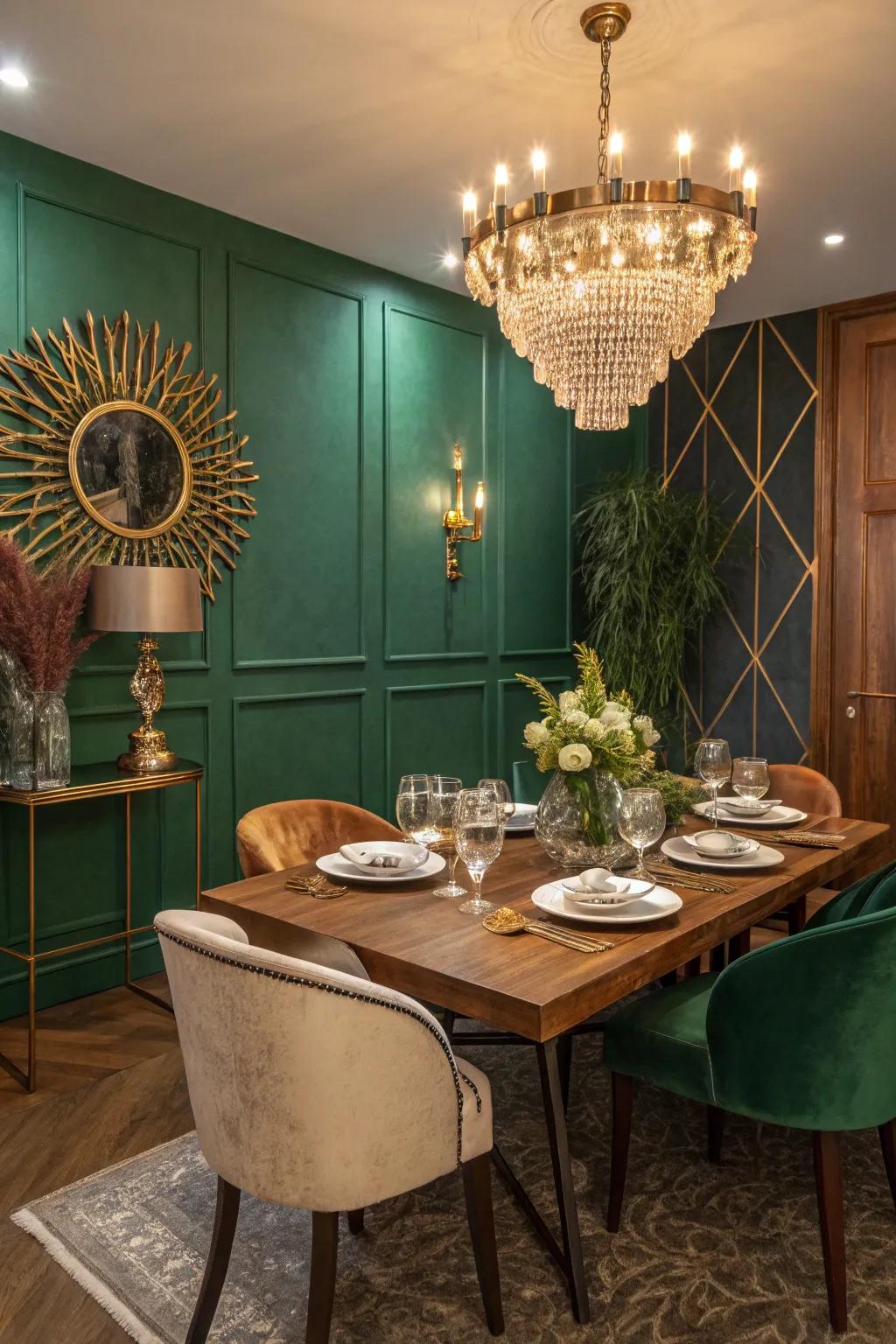 Forest green adds a hint of elegance to this dining area.