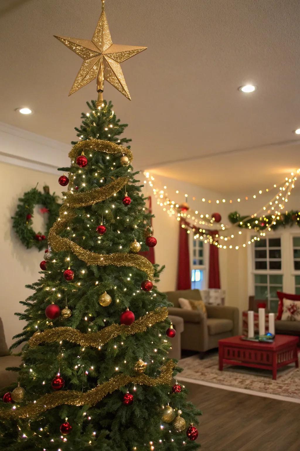 An elegant golden star crowning a Christmas tree