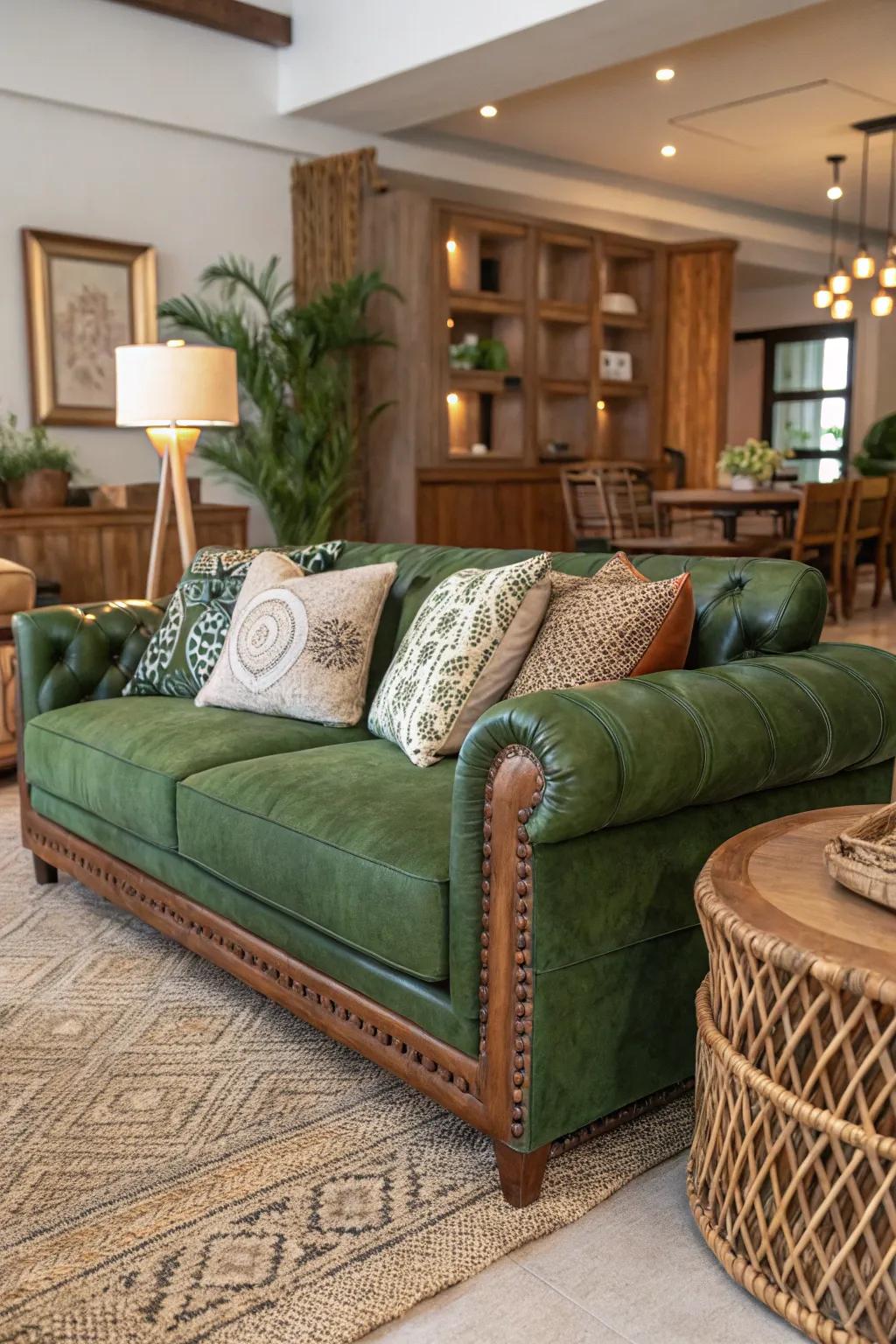 Mixing surface textures amplifies the overall character of a living space with a verdant couch.