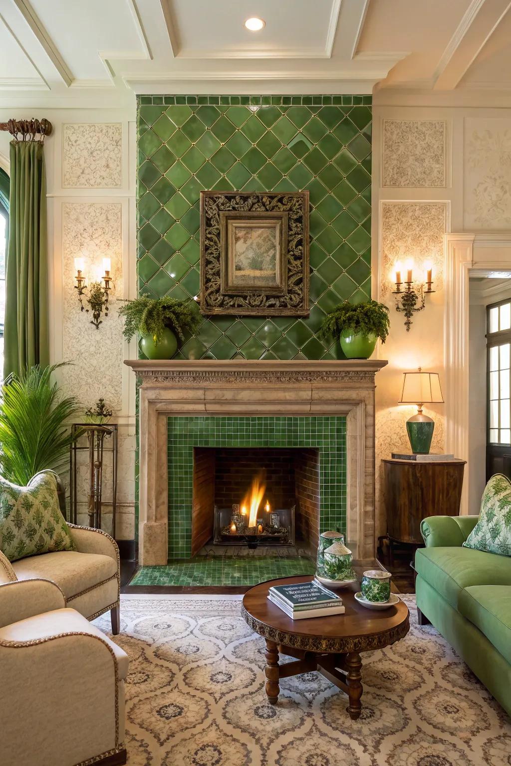 A fireplace beautifully enhanced by green stone decorations.