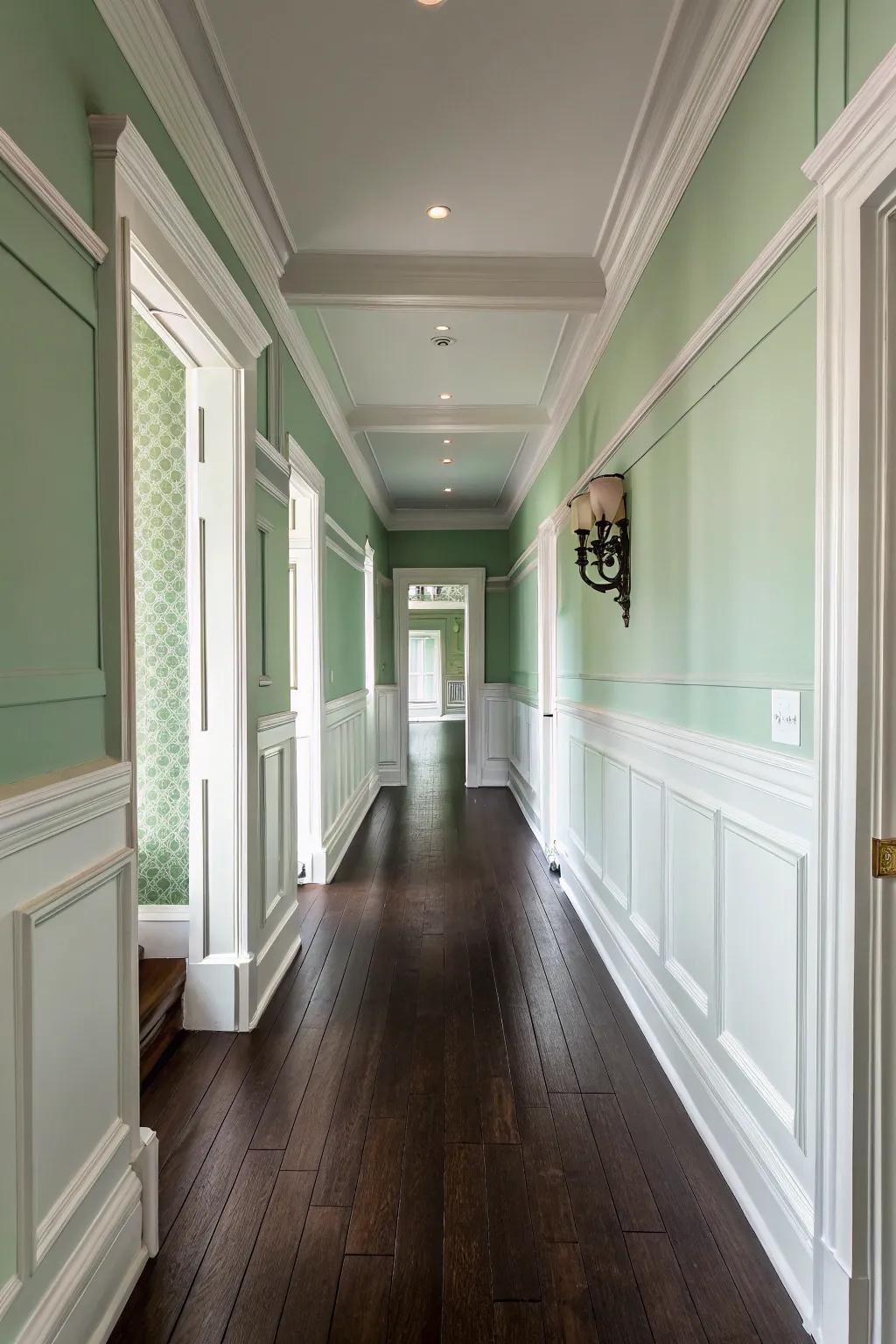 Light green walls contrast elegantly with dark wood flooring.