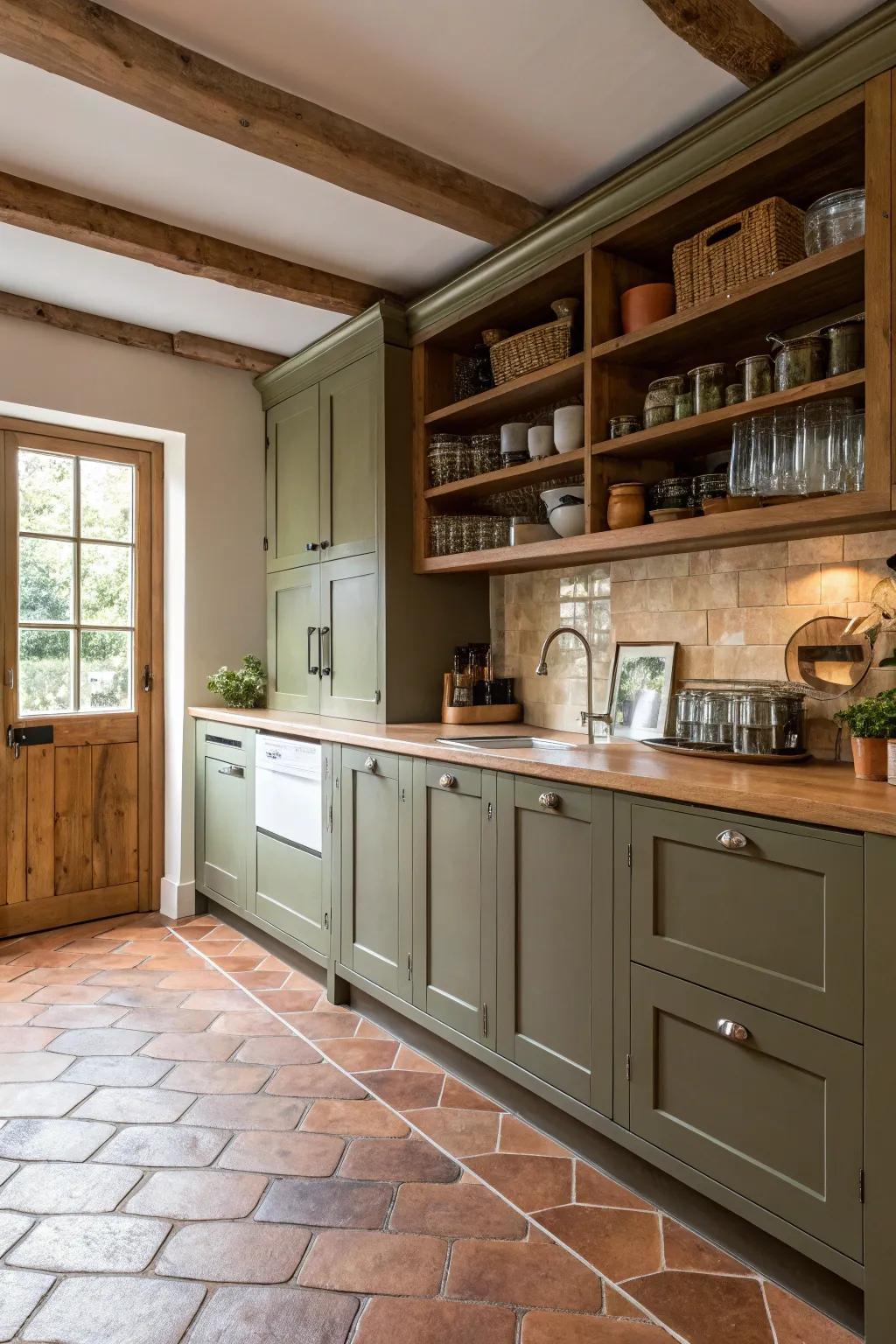 Olive green cabinets impart warmth and earthiness to the kitchen.