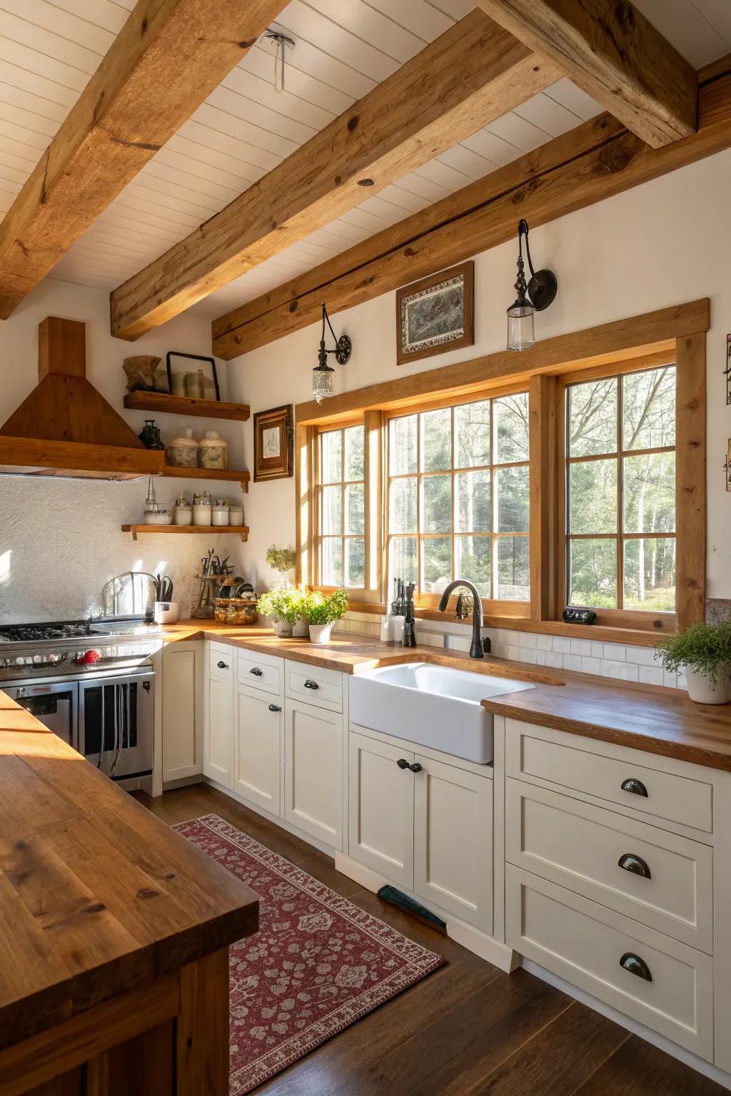 Natural wood elements infuse warmth into a green-themed kitchen design.